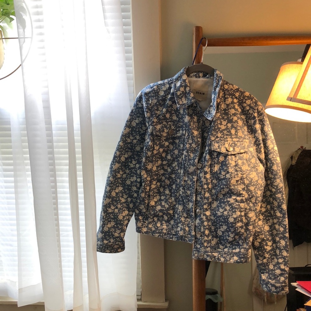 Sezane Wildfrield Denim Jacket Blue White Floral Size Small